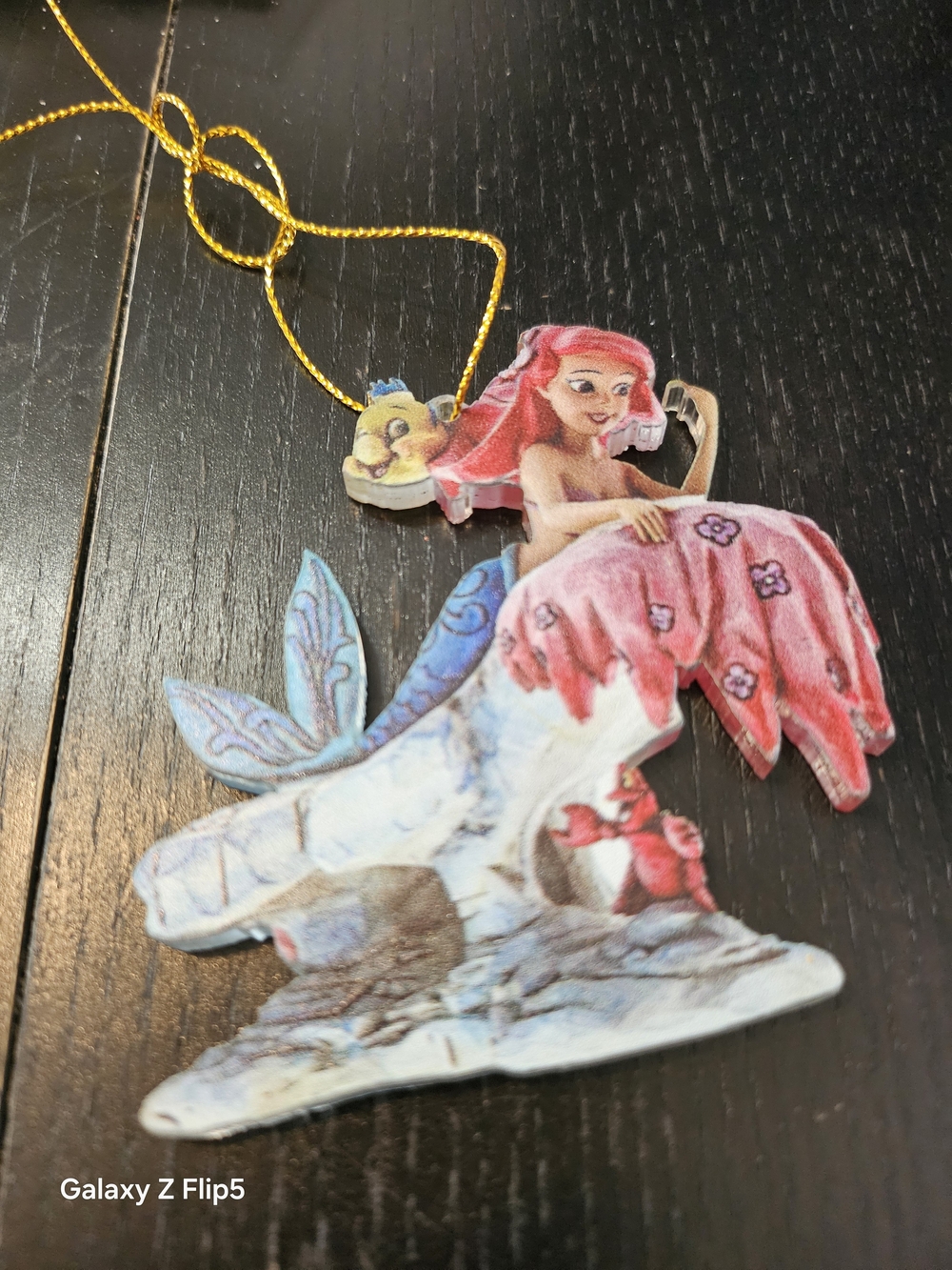 Pink Mermaid Wooden Ornament with Gold Hanging Cord